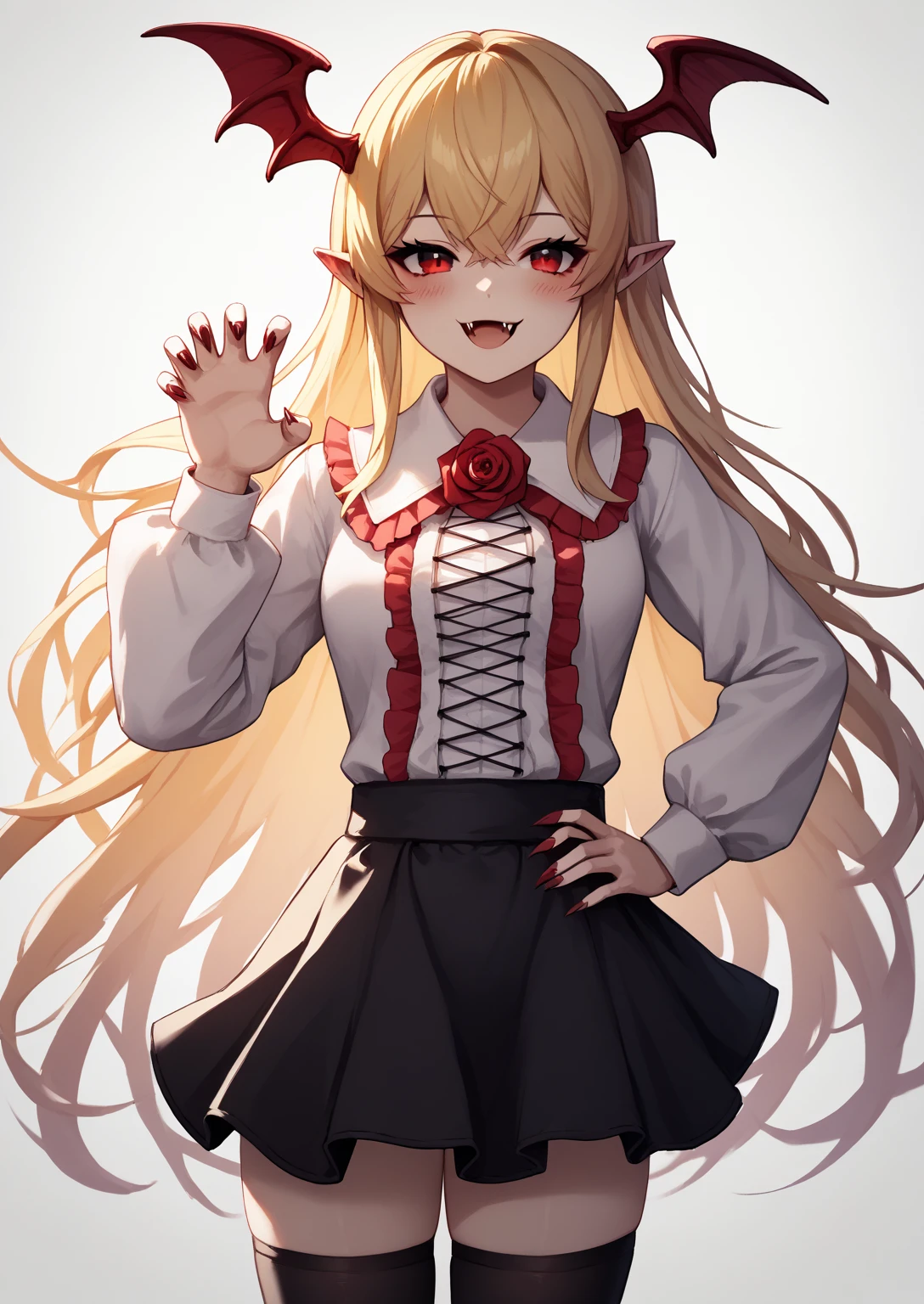 <lora:Anime Style 2 SDXL_LoRA_Pony Diffusion V6 XL:0.5>, score_9, score_8_up, score_7_up, source_anime, (masterpiece, best quality:1.2), extremely detailed, soft ambient lighting, sharp focus, 4K, BREAK <lora:VaniVampyLora-000005:1>, VaniVampy, vampy, vampire girl, 1girl, solo, very long blonde hair, bangs, red eyes, skin fang, head wings, white shirt, black skirt, frills, red rose, black thighhighs, BREAK smile, claw pose, fangs, blush, looking at viewer, standing, BREAK white background,