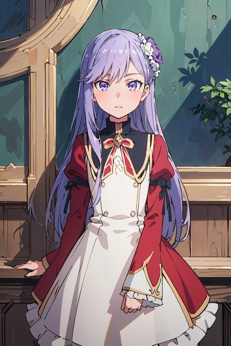 masterpiece, best quality, ultra-detailed, glistening shiny, glowing light, ray tracing, HDR, deph of field, (perfect face, detailed face), <lora:ChristinaBeltrum:0.8>, christinabeltrum, long hair, flower hair ornament, flat chest, red dress, black collar, puffy sleeves, long sleeves, standing
