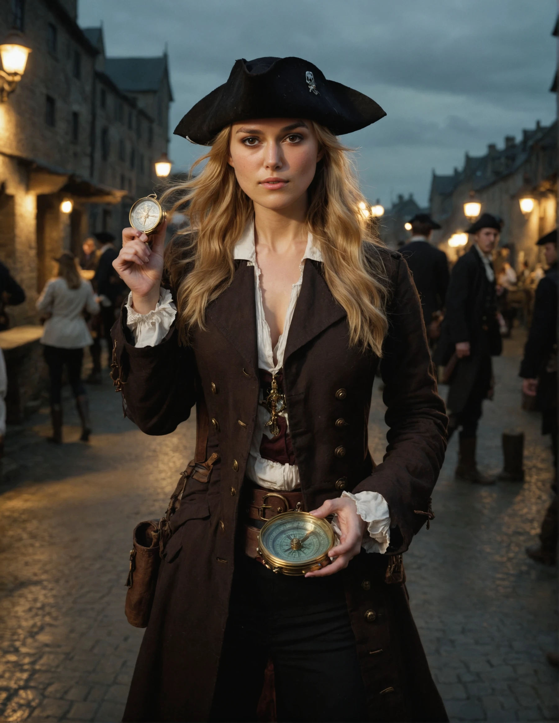 high resolution photo full body shot of kkn woman,long blonde hair,wearing black pirate hat and brown jacket on a white vest,holding a compass,in a pirate city,gloomy,dimly lit,bokeh,depth of field,she is looking at camera