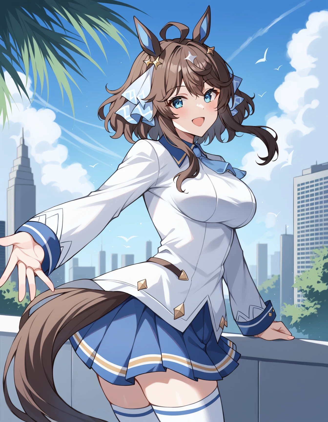 score_9, score_8_up, score_7_up, source_anime, rating_safe, BREAK <lora:daringTactXL_LoRA-C3Lier_AdamW_Dim8_Alpha8_UN-3e-4_TE-1.5e-4_10batch_ponyDiffusionV6XL_v6StartWithThisOne:1>, daring tact \(umamusume\), 1girl, horse girl, horse ears, ahoge, hair flaps, white hair, brown hair, medium hair, ponytail, sidelocks, blue eyes, horse tail, medium breasts, hair ribbon, hair ornament, school uniform, white shirt, beige sweater, long sleeves, sleeves past wrists, bowtie, pleated skirt, miniskirt, white thighhighs, looking at viewer, looking back, smile, reaching towards viewer, looking up, city, blue sky, cloud, cityscape, flower, tree