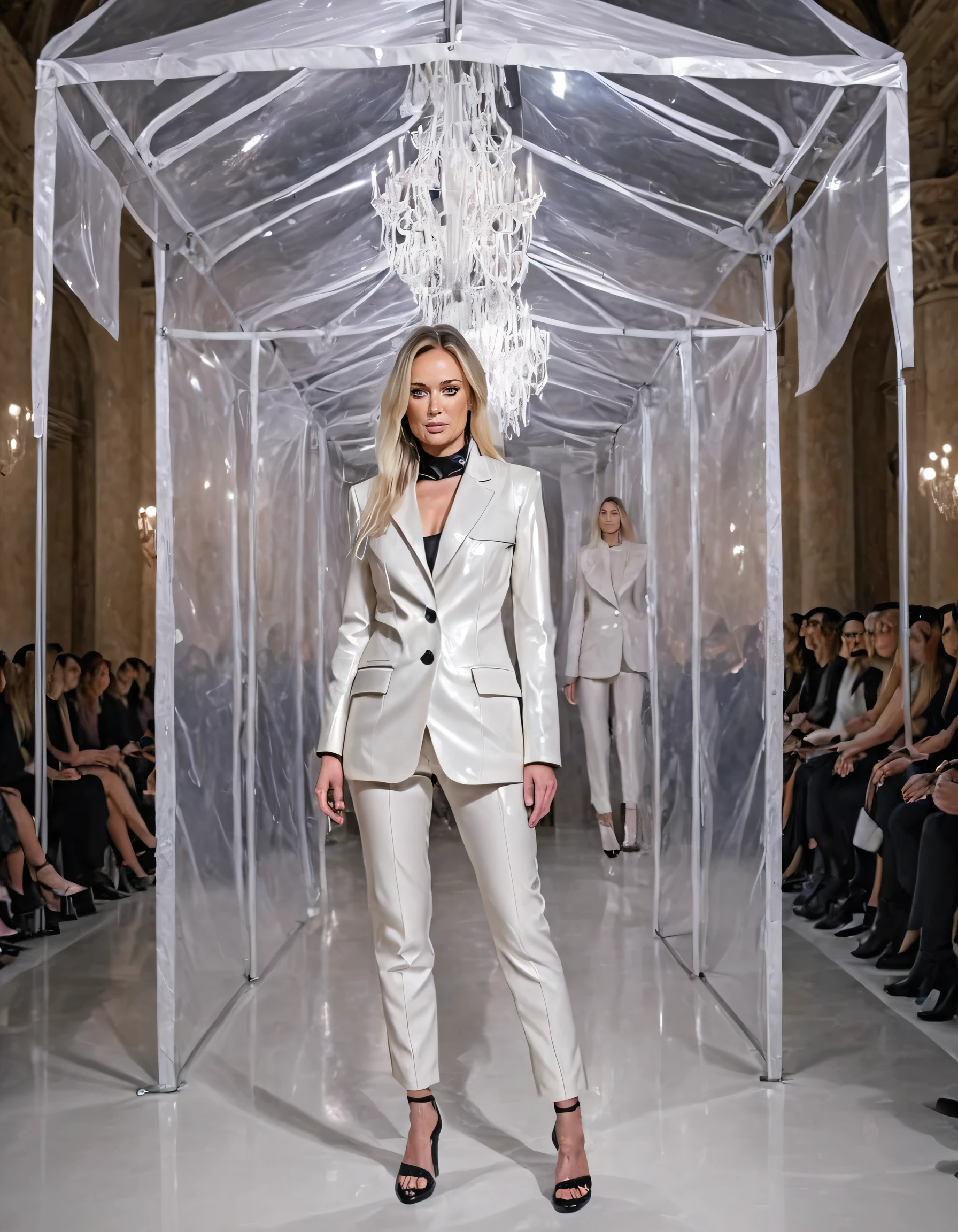 At Milan Fashion Week, Marina Haines captivates as a model and muse under a canopy of elaborate chandeliers that mimic modern art installations, wearing an avant-garde ensemble inspired by the fusion of classic tailoring and futuristic designâa one-of-a-kind suit composed of deconstructed textiles fusing leather accents with iridescent fabrics. <lora:gksmql18f210885cdic9:1>