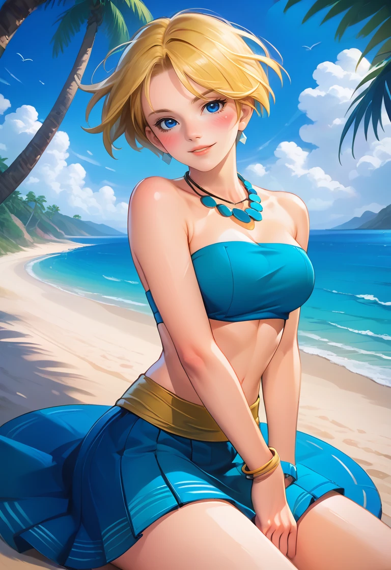 score_9, score_8_up, score_7_up, best quality, intricate details, 1girl,
 <lora:King_aof_v05:1> king aof, blue eyes, short hair, blonde hair, 
sitting, blush, naughty face, necklace, bracelet, head tilt, large breasts, bandeau, wrap skirt, wind, floating hair, beach, sky, sunny, ocean, palm tree, pontoon,