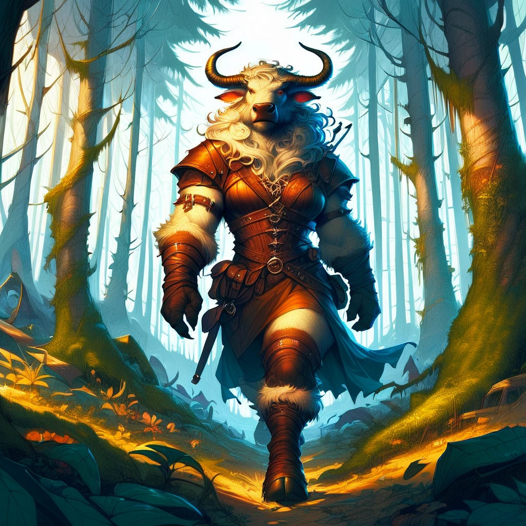 score_9, score_8_up, score_7_up, a tauren shaman, leather clothing, detailed forest background, forest path, walking, realistic concept art,