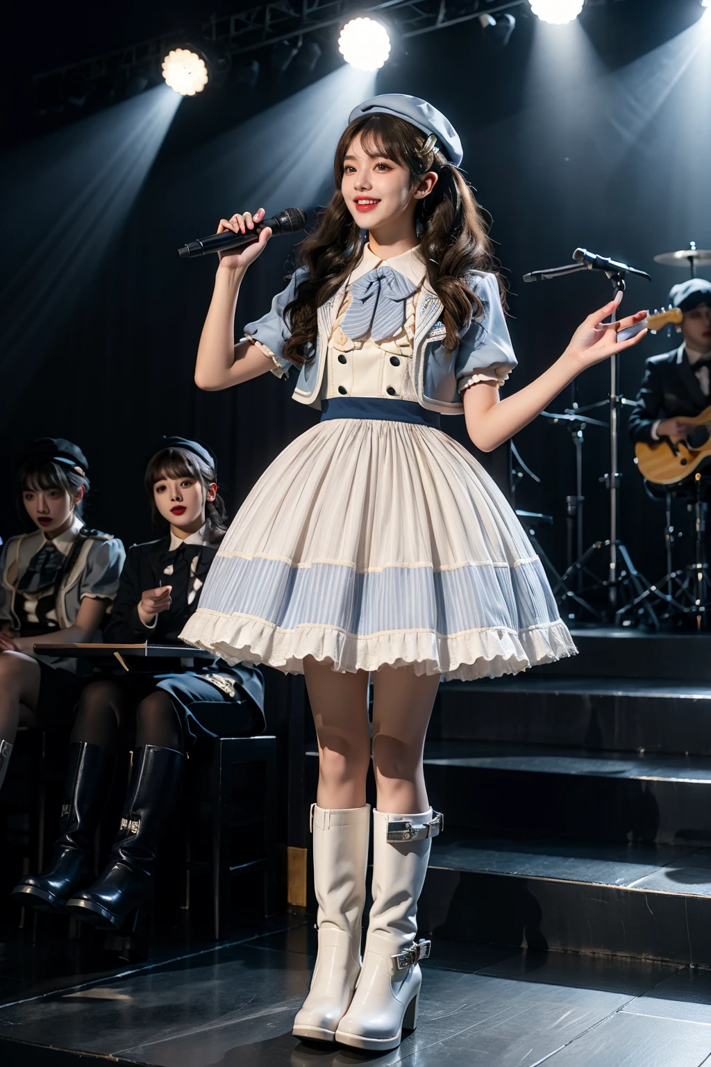 best quality, masterpiece, realistic, photorealistic, 1girl, solo, looking at viewer, smile, standing, twintails, black hair, long hair, full body, dynamic pose, idol clothes, dress, collared dress, jacket, cropped jacket, short sleeves, bowtie, bow, buttons, hat, beret, (white boots:1.4), white high heels, holding microphone, singing, idol, stage, stage in the backgorund, stage lighting, stage spotlight, detailed background, audience, people, <lora:idol_costume_style10_v1:0.7>, <lora:Background_Detail_v3:1.5>