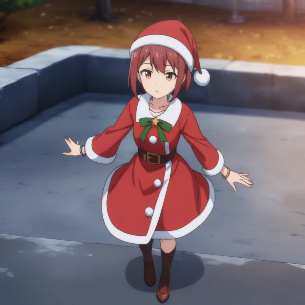 santa costume, mt-kasukabeyou, bracelet, (full body), solo, 1girl, outdoors, masterpiece, best quality <lora:mt-kasukabeyou-000003:0.4>