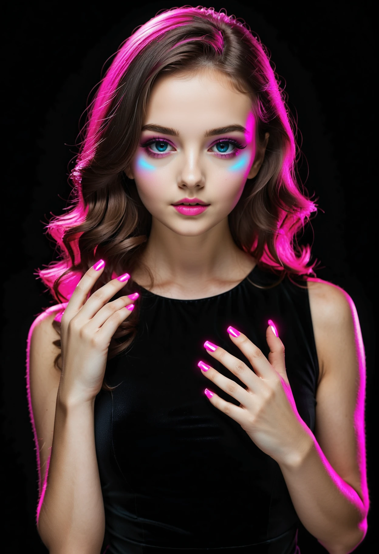 1girl, glowing neon pink fingernails, nail polish, black dress, dark background, <lora:lukethighwalkerneonsdxlv4:0.4>