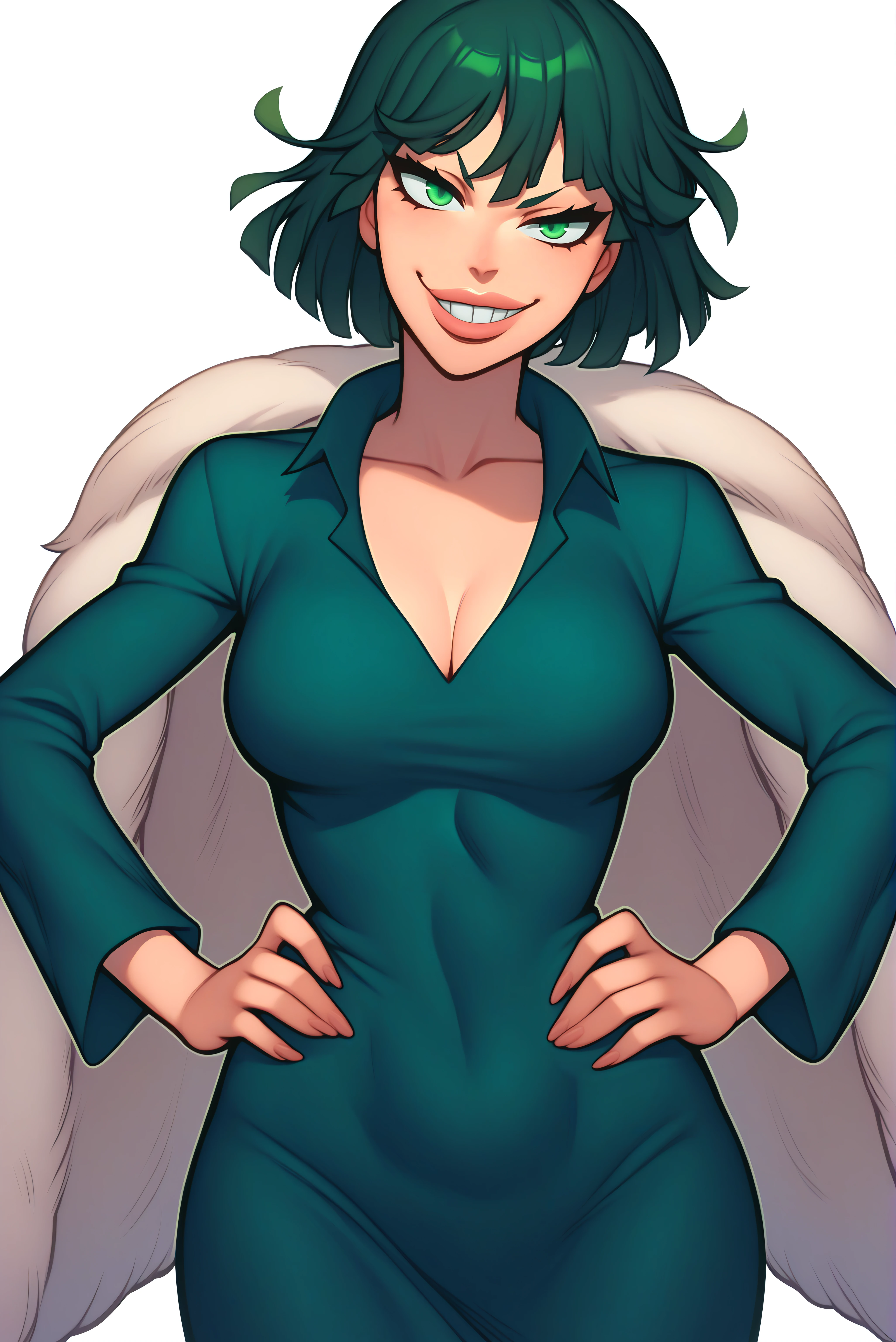 score_9, score_8_up, score_7_up, score_6_up, score_5_up, score_4_up, BREAK, source_cartoon, best quality, masterpiece, uncensored, invincible style,
rating_safe, female focus, fubuki, dark green hair, short hair, bangs, green eyes, eyelashes, smug, grin, big lips, medium, breasts, collarbone, collared dress , green dress, long sleeves, fur coat, taut clothes, taut dress,
hands on hips, standing, (cowboy shot:1.2), looking at viewer,
simple background, (white background:1.2), (1girl), (solo)
<lora:InvincibleStyleSDXL:1> <lora:opm-fubuki-ponyxl-lora-nochekaiser:0.8>