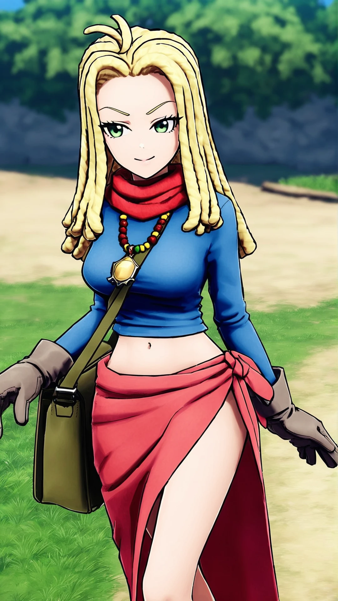 Ann, blonde hair, reggae hair style, shoulder length hair, green eyes, necklace, red scarf, blue short T-shirt, navel, blue denim short skirt, deep grey gloves, deep green bag, red sarong, brown short boots<lora:EMS-369407-EMS:0.700000>