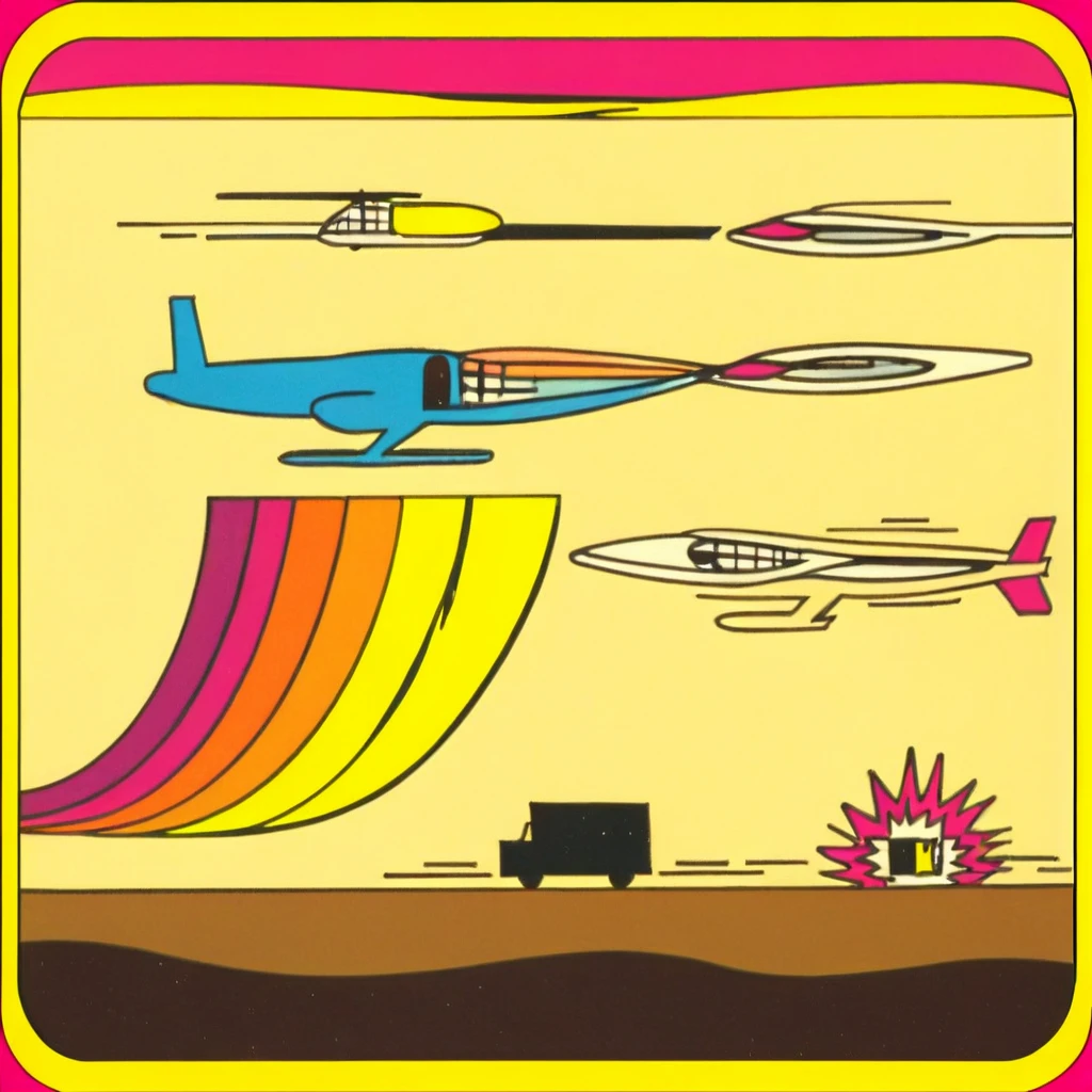 activision_for_atari_2600, atari_2600, style1980, flat color, border, a plane flying over buildings