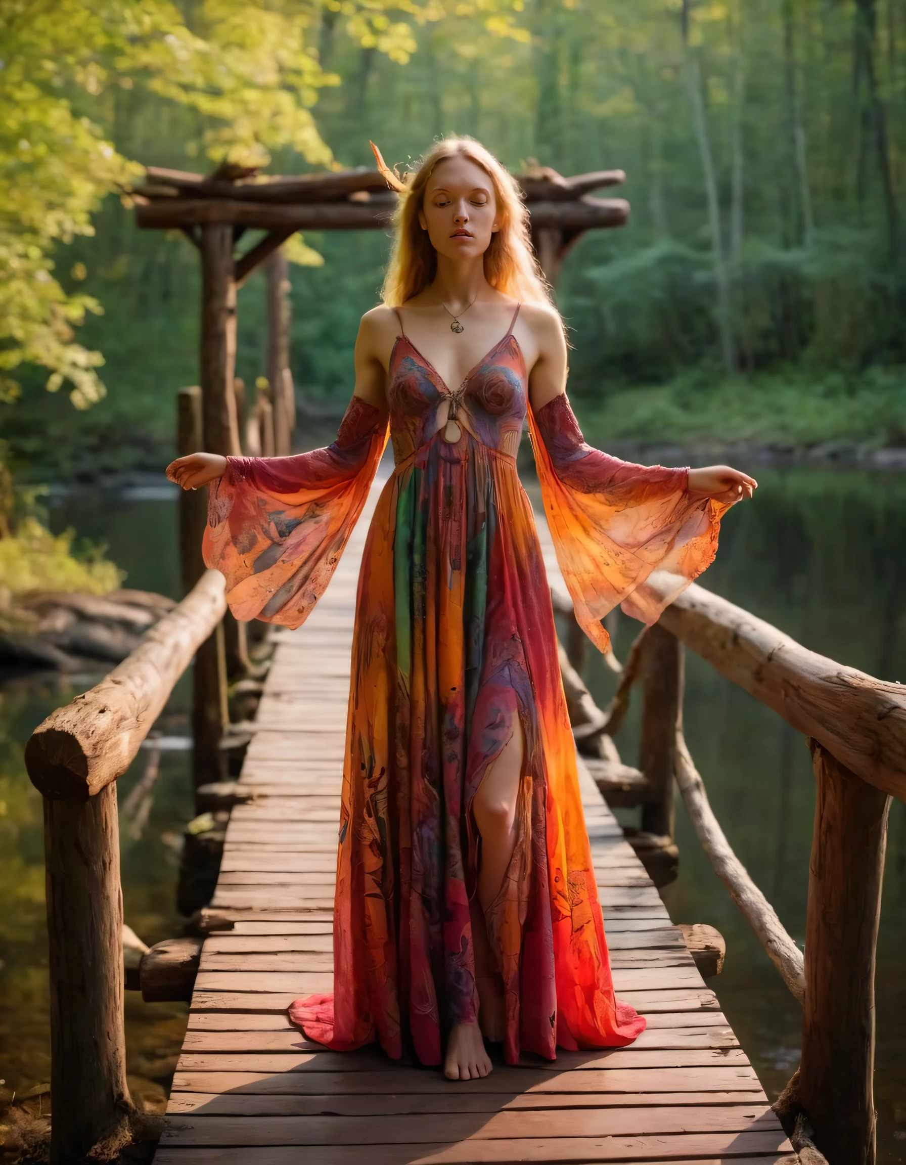 In this captivating scene, the Daha-like woman dons her vibrant bohemian dress, emanating confidence and beauty as she stands defiantly against the backdrop of an enchanting forest filled with magical creatures, all the while gracefully posing in front of a rustic wooden bridge that miraculously links both the real world and this mystical realm, symbolizing the woman's unwavering strength and resilient spirit within her fantastical journey through these fantastic genres. <lora:klwkok18f62b7877fh6a0:1>