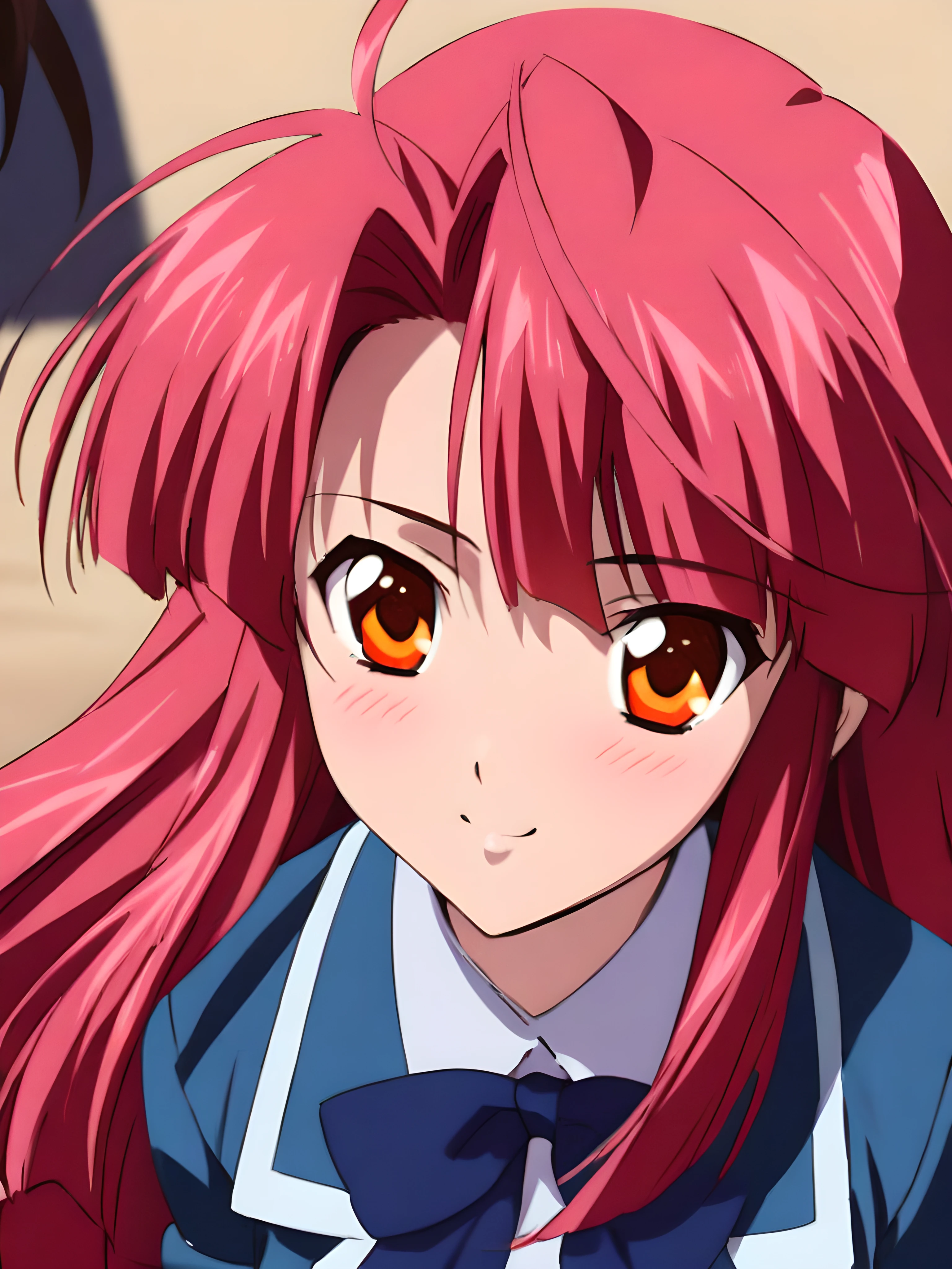(masterpiece),(best quality),(ultra-detailed),(best illustration),(best shadow),(absurdres),(detailed background),(very aesthetic), ayano kannagi, 1girl, solo, blush, red hair, close-up, long hair, pink hair, orange eyes, portrait, smile, looking at viewer, schooluni, school uniform, skirt, from the front, <lora:ayanokannagi-40:1>