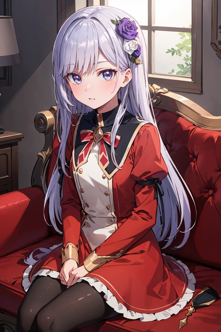 masterpiece, best quality, ultra-detailed, glistening shiny, glowing light, ray tracing, HDR, deph of field, (perfect face, detailed face), <lora:ChristinaBeltrum:0.7>, christinabeltrum, long hair, flower hair ornament, red dress, black collar, puffy sleeves, long sleeves, red bowtie, black pantyhose, sitting