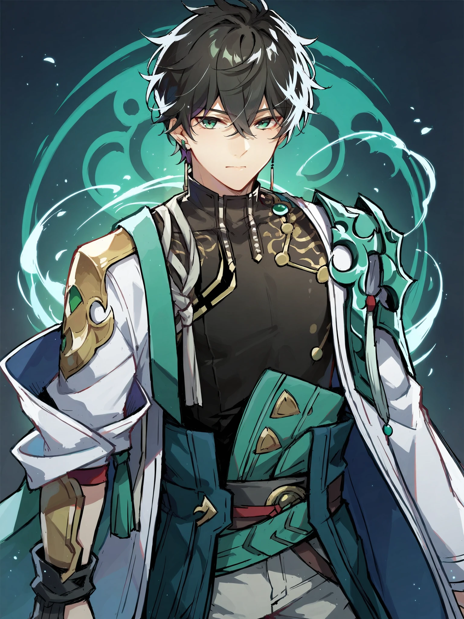 <lora:XL_danheng(pony)-000015:1>,danheng is a boy with short black hair and green eyes,dhyifu costume,male focus,, score_9,score_8_up,score_7_up, source_anime,