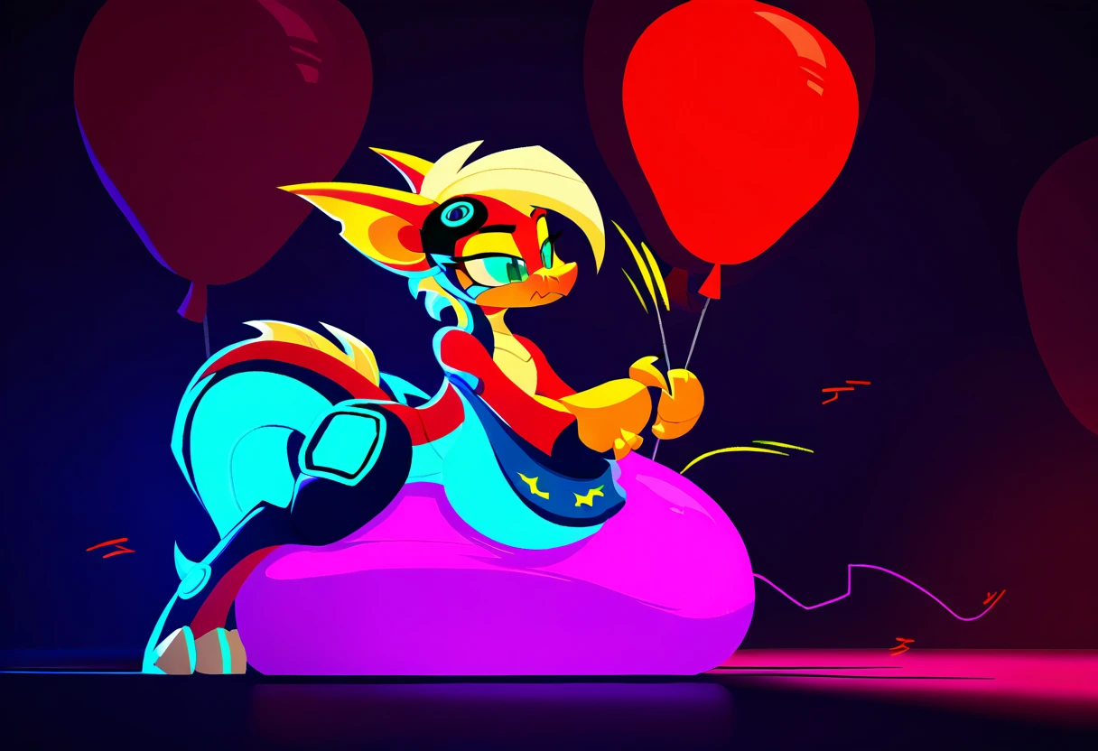 score_9, score_8_up, score_7_up, score_6_up, score_5_up, score_4_up, 
hs-style-fal, dark background, solo, female, furry, semi-anthro, feral, dragon, sci-fi, robot
,

balloons, sitpop, looner, balloon popping, popped balloons, popping balloons, sitting on a balloon, straddling a balloon, balloon pieces, balloon knot, tied balloon
,