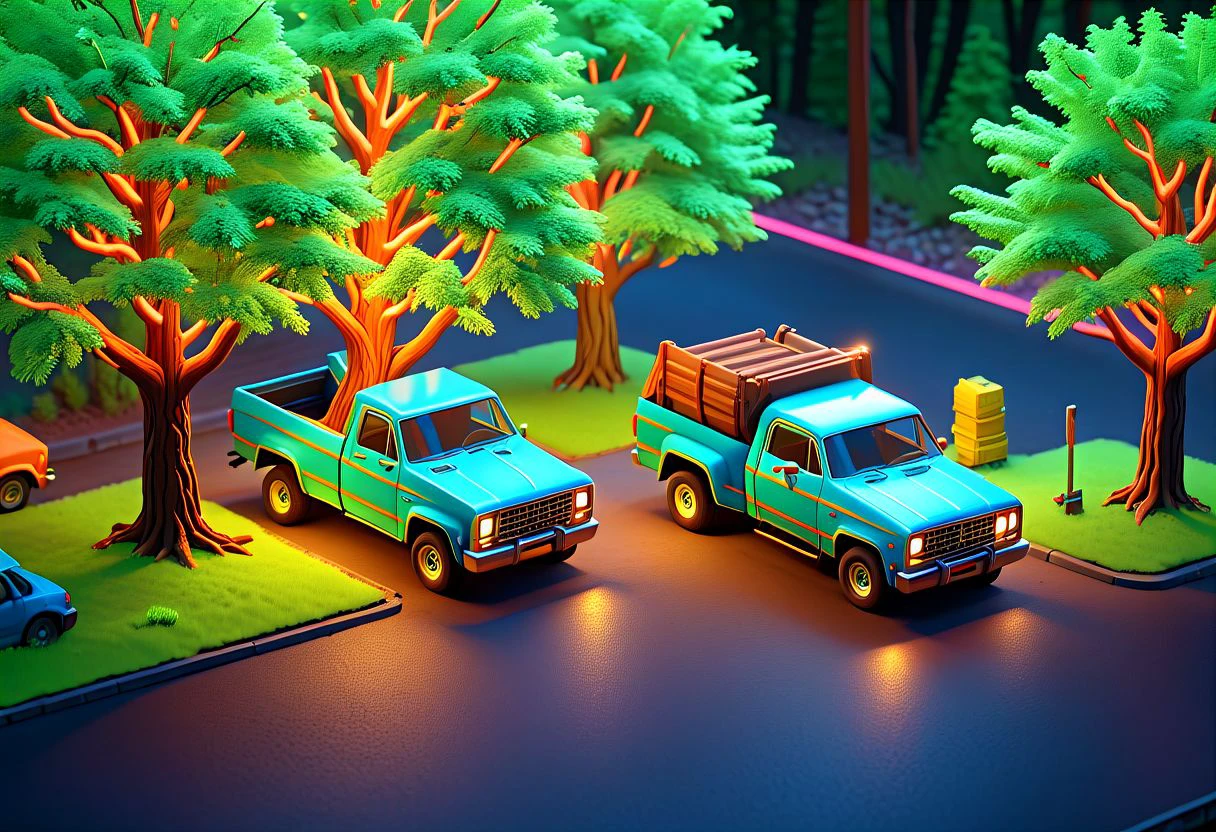 nxzskzt, car, ground vehicle, motor vehicle, no humans, tree, scenery, window, truck, neon, 3d, isometric view, octane render, neon lighting, isometric miniature, 3d scene, cinematic lighting, extremely detailed, ultra HD, desktop wallpaper, 128k, neon theme, masterpiece, best quality