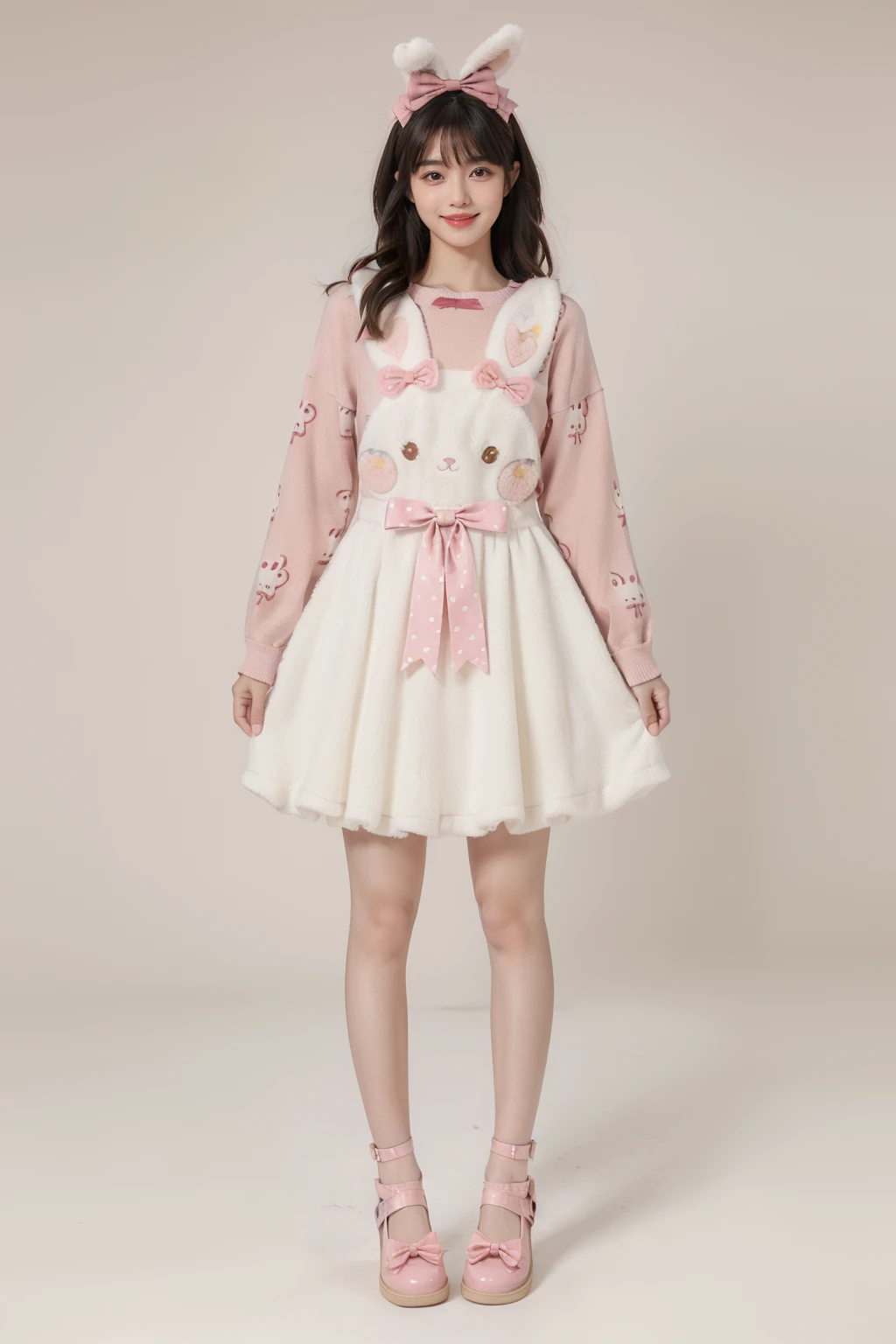 best quality, masterpiece, realistic, photorealistic, 1girl, solo, looking at viewer, smile, standing, black hair, long hair, full body, cyb dress, rabbit dress, white dress, rabbit skirt, shirt, animal print shirt, long sleeves, bow, pink bow, rabbit print, shoes, simple grey background, <lora:cute_attire_style3_v1:0.7>