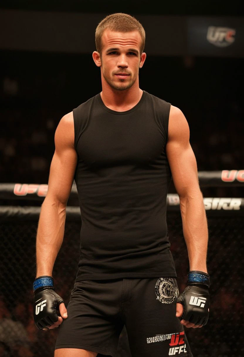 homoerotic photo of Cam Gigandet a man <lora:Cam-Gigandet:0.9>, UFC fighting ring, cocky expression, as a UFC fighter, (black muscle shirt:1.4), Venum UFC shorts, ((full body portrait)), wide angle, ((masterpiece)), natural skin, natural body muscle definitions, adobe lightroom, photolab, intricate, highly detailed, sharp focus, insane details, intricate details, hyperdetailed, low contrast, soft cinematic light, exposure blend, dim colors, dim light, Award - winning, with Kodak Portra 800, a Hasselblad 500 ,55mm f/ 1.9 lens, extreme depth of field, available light, high contrast, Ultra HD, HDR, DTM, 8K,