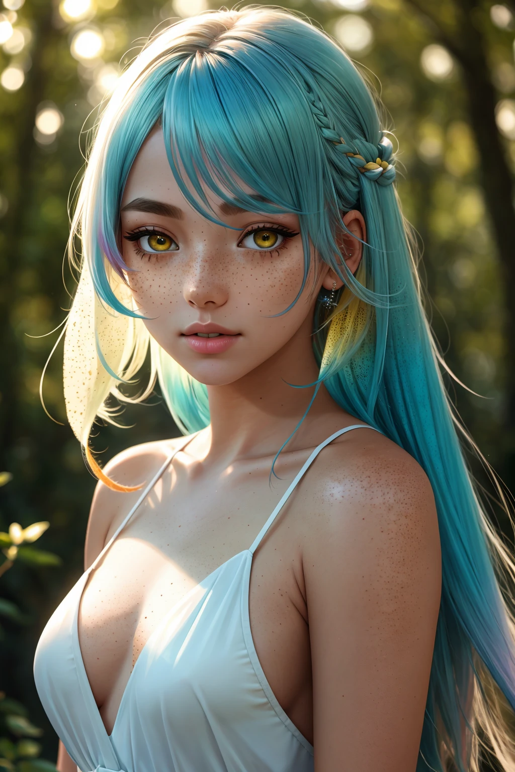 Photorealistic Highly detailed raw 8k photography masterpiece, volumetric lighting and shadows, (Young woman with cyan hair posing gently:1.2), Symmetrical balance, Soft features, Delicate freckles, (Subtle yellow eyeshadow:1.2), Creamy complexion, Nature-inspired beauty, (Authentic freckled skin:1.3), Captured with a Hasselblad X1D II 50C, 80mm f/1.9 lens, Ethereal light, Subdued tones