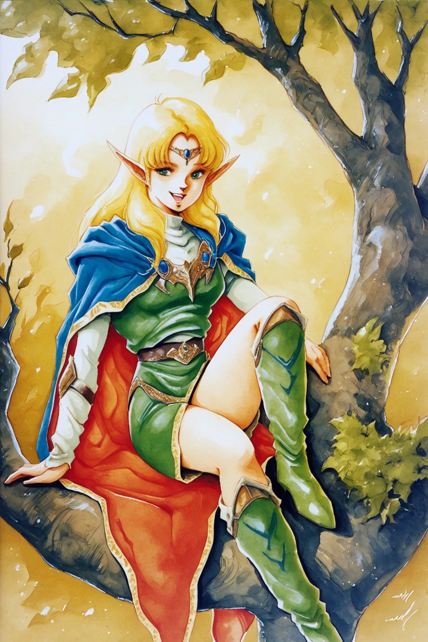 1girl,pointy ears,solo,long hair,elf,armor,tree,sitting,blonde hair,cape,boots,green eyes,circlet,in tree,1990s (style),smile,open mouth,traditional media,watercolor (medium),score_9,score_8_up,<lora:Haruhiko Mikimoto_XL_PONY_V2:0.9>,