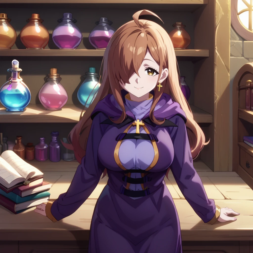 score_9, score_8_up, score_7_up, BREAK, source_anime,1girl, standing, potion shop, slight smile, day, looking at viewer, open book, table, large breasts, <lora:Wiz_Konosuba:1> wizshadow, ahoge, hair over one eye, cross, hood, jewelry, long sleeves, purple dress, purple robe, <lora:anime_screencap:1> fine anime screencap_xl, anime screencap, <lora:add-detail-xl:1>
