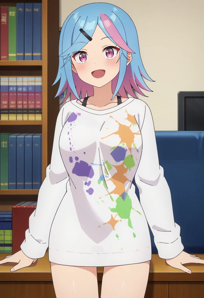 score_9, score_8_up, score_7_up, source_anime,
<lora:HenjinNoSaladBowl_PuriketsuXL:0.8>, PuriketsuSSnF,
1girl, open mouth, blush, smile,
multicolored hair, medium hair, streaked hair, lavender eyes, hairclip,
PuriketsuCasual, white shirt, print shirt, long sleeves, long shirt, bra strap,
looking at the viewer, thigh gap,
indoors, bookshelf
