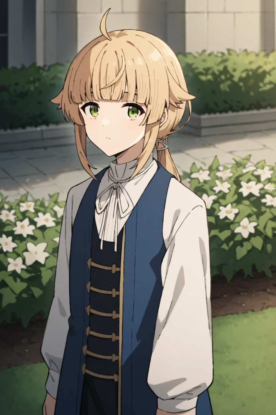 score_9, score_8_up, score_7_up, source_anime,
1girl, looking at viewer, standing, 
outdoors, garden, flowers,
<lora:norn_greyrat_anime_s2-soralz:1>, norn_greyrat, bangs, blonde hair, long hair, yellow green eyes, ahoge, sidelocks, blunt bangs, hair flaps, low ponytail,
blue dress, white ribbon, white sleeves, long sleeves, white shirt, black shirt,