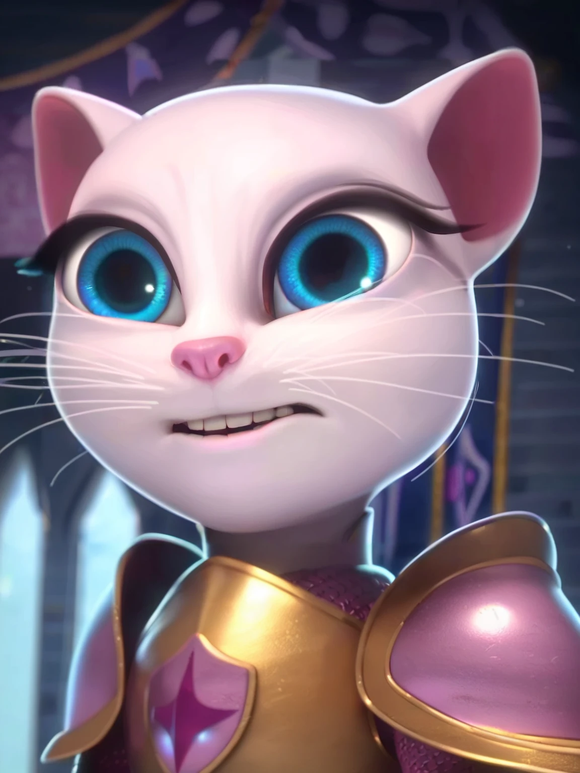 solo focus, <lora:Angela:0.7> a_la, 1girl, cat, white fur, long whiskers on each side of face, large brilliant blue eyes, large black eyelashes, small pink nose, triangular ears with pink canals, ((golden knight armor)), castle background, score_9, score_8_up, score_7_up,