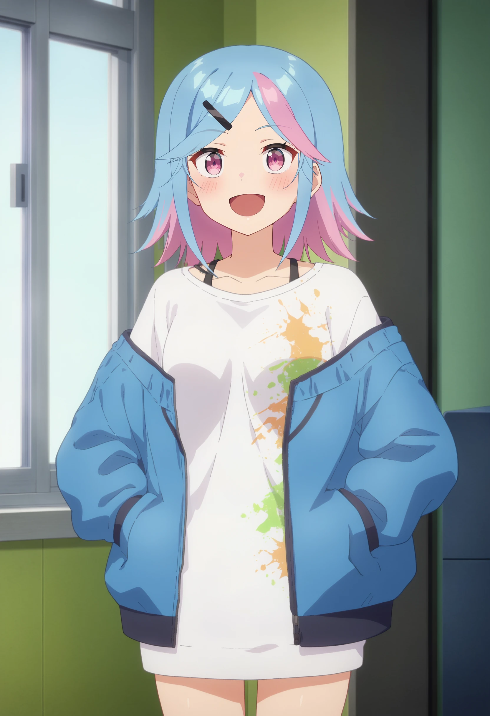 score_9, score_8_up, score_7_up, source_anime,
<lora:HenjinNoSaladBowl_PuriketsuXL:0.8>, PuriketsuSSnF,
1girl, open mouth, blush, smile,
multicolored hair, blue hair, pink hair, medium hair, streaked hair, lavender eyes, hairclip,
PuriketsuCasual, white shirt, print shirt, long sleeves, long shirt, bra strap, blue jacket, open jacket,
standing, looking at the viewer, thigh gap, facing viewer, hands in pockets,
indoors, window