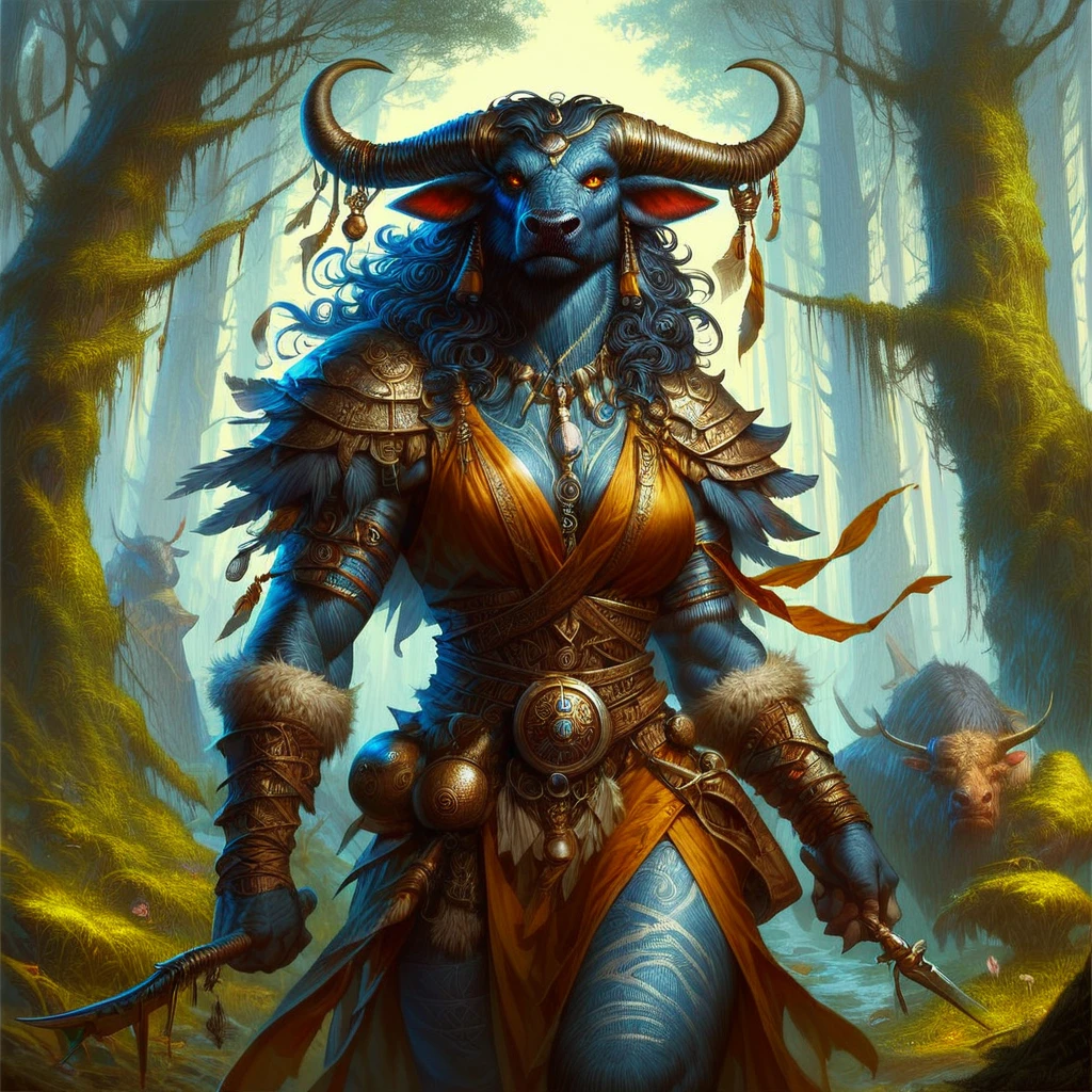 score_9, score_8_up, score_7_up, a tauren shaman, ritualistic clothing, holding a weapon, detailed forest background, realistic concept art,