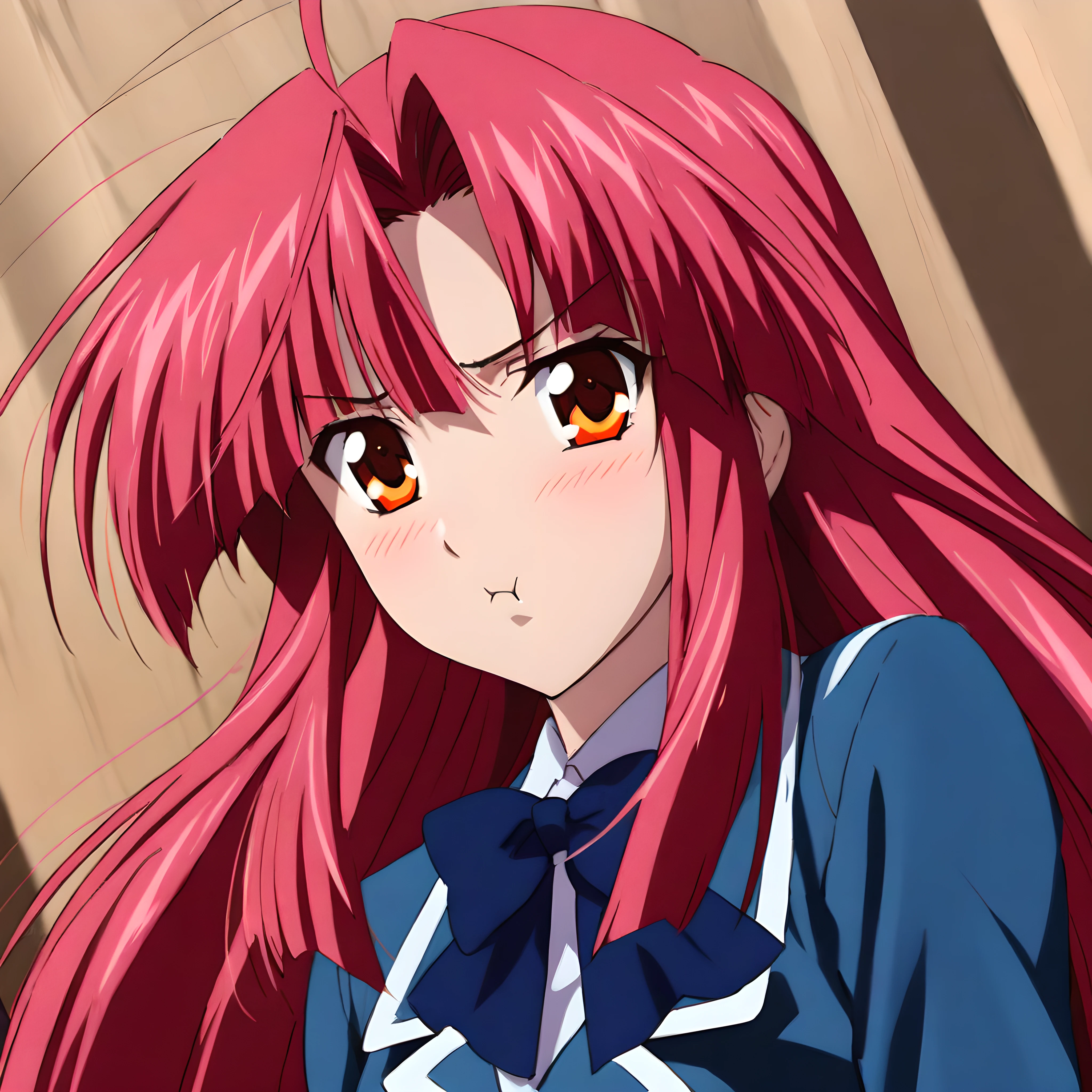 (masterpiece),(best quality),(ultra-detailed),(best illustration),(best shadow),(absurdres),(detailed background),(very aesthetic), ayano kannagi, 1girl, solo, blush, red hair, long hair, pink hair, orange eyes, portrait, pout, looking at viewer, schooluni, school uniform, skirt, from the front, <lora:ayanokannagi-40:1>
