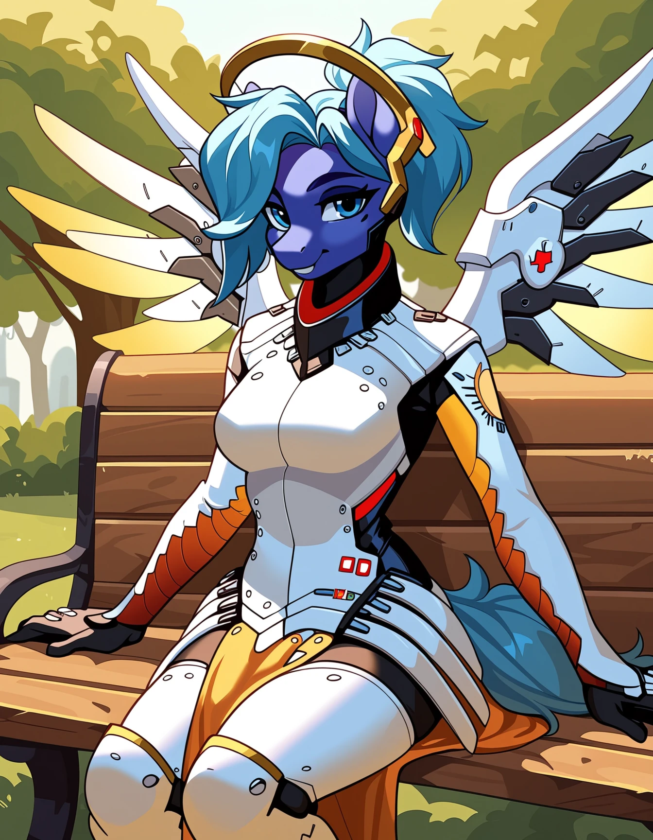 score_9, score_8_up, score_7_up, score_6_up, score_5_up, score_4_up,  
mercy, white armor,glowing wings,halo, (Pony:1.2), (anthro:1.15), female, solo, full scale, park, (blue fur:1.25), anatomically accurate, high quality, high resolution, shaded, three quarter view, looking at viewer, sitting on bench