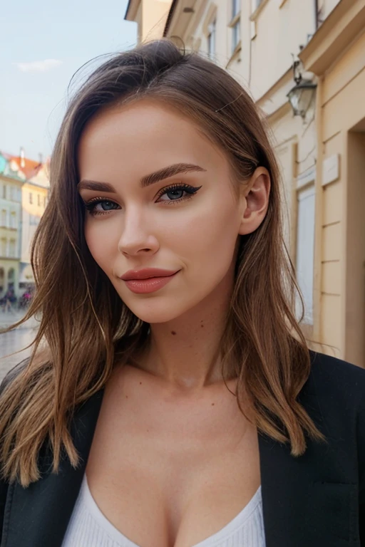a breathtaking high quality photo of a beautiful blonde woman, <lora:VeronikaAndris_V1:1>, highly detailed face, perfect styled hair, 8K, masterpiece, posing at a cosy cafe in Prag, depth of field, natural light,