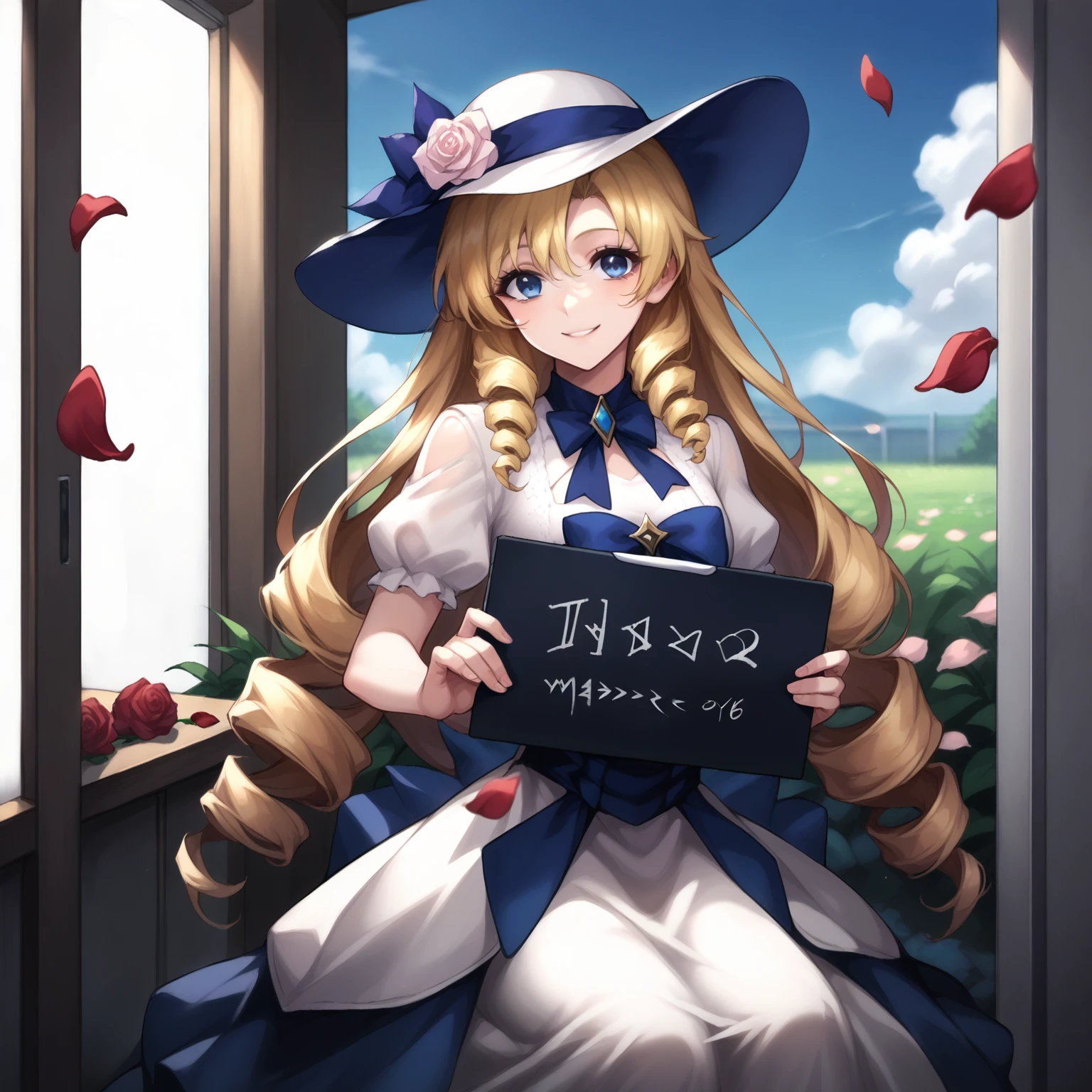 score_9, score_8_up, source_anime, mugshot-ptn, 1girl, solo, blonde hair, hat, long hair, blue eyes, drill hair, flower, rose, petals, dress, smile, very long hair,, white background, holding, looking at viewer, <lora:mugshot-ptn:1.05>