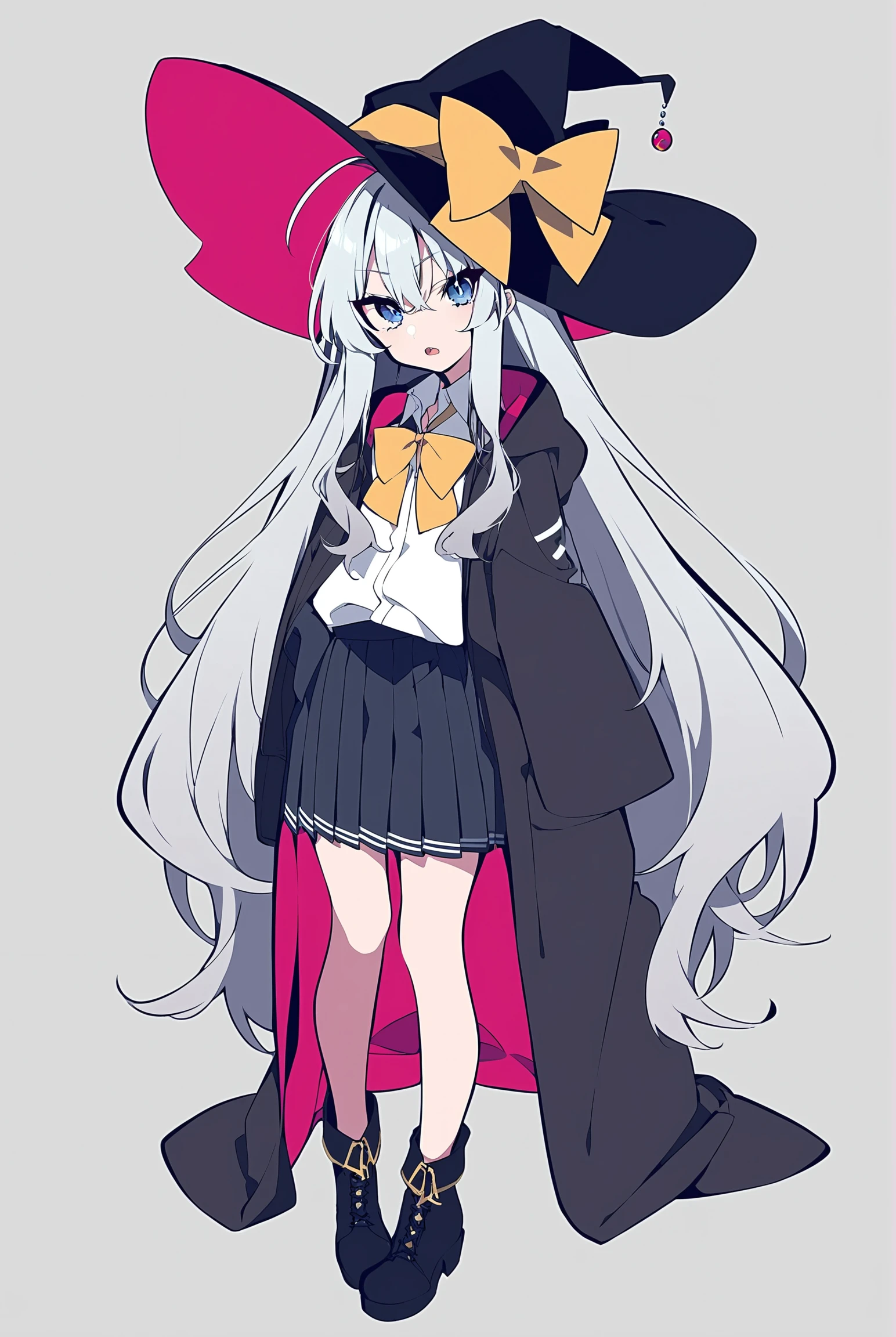 1girl, 
elaina \(majo no tabitabi\), majo no tabitabi, 
mochizuki kei, kuromiya, 
bowtie, black hat, long hair, blue eyes, white shirt, open mouth, grey hair, witch hat, black footwear, shirt, looking at viewer, collared shirt, very long hair, yellow bow, open coat, wide sleeves, skirt, black robe, hat, full body, long sleeves, black skirt, grey background, sleeves past wrists, solo, bow, pleated skirt, open clothes, yellow bowtie, coat, robe, 
masterpiece, best quality, absurdres