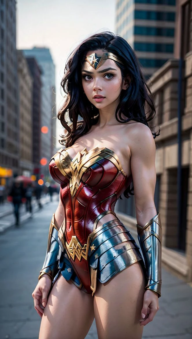 best quality,1girl,solo,wonder woman, medium breasts,looking at viewer,upper body,black hair,brown eyes,cityscape,blurry background, cinematic lighting,high quality shadow, Canon EF 24-70mm f/2.8L II USM,Sony Alpha a/R IV,  <lora:DX_wonder_woman_epoch_3:1>