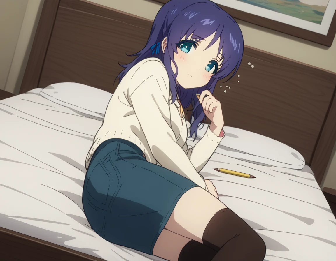 score_9, score_8_up, score_7_up, source_anime,
chisakihiradaira, <lora:chisaki-hiradaira-s1-ponyxl-lora-nochekaiser:1>,
chisaki hiradaira, long hair, blue eyes, blue hair,
skirt, thighhighs, zettai ryouiki, casual, pencil skirt, denim skirt,
indoors, bed, bed room, on side, blush, drunk,
looking at viewer, cowboy shot, dutch angle, solo,