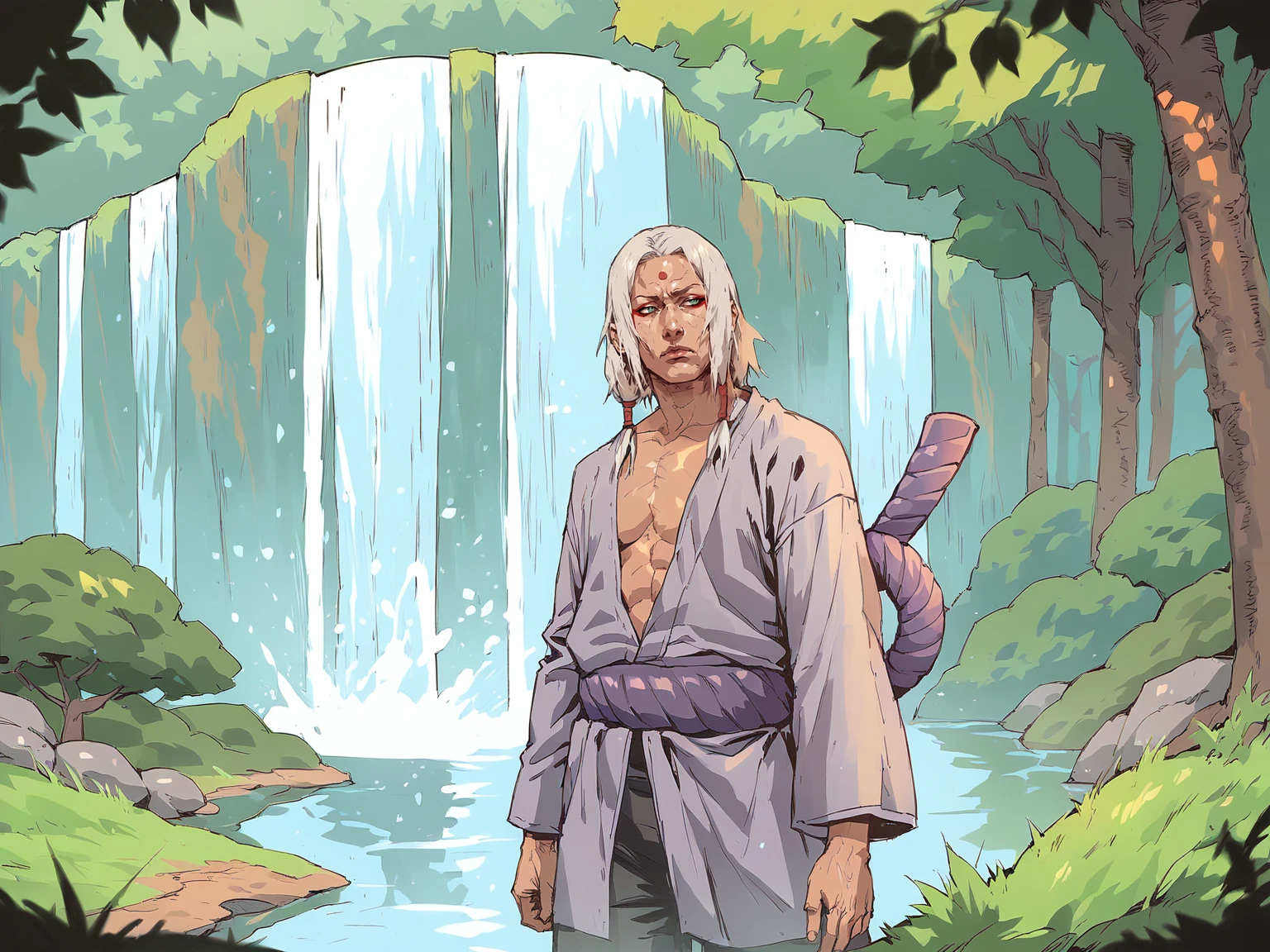 <lora:Naruto_r1:0.8>, <lora:k1m1maro-08:0.8>, 1boy, k1m1maro, green eyes, red eyeliner, forehead mark, white hair, long hair, ninja, tan tunic, long sleeves, purple rope belt, pants, open clothes, standing on grass, forest, river, waterfall background, day, upper body,<lora:SeungEunKim:0.8>, score_9, score_8_up, score_7_up