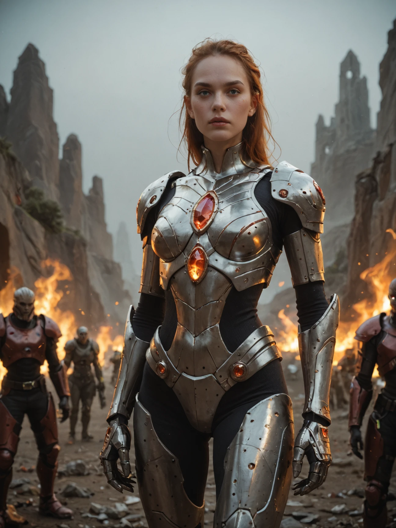 score_9, score_8_up,score_7_up, score_6_up, score_5_up, score_4_up, Alien, female, warrior, armored, metallic, fiery, red, hair, intense, eyes, orange, gem, forehead, freckles, dark, background, ethereal, mysterious, fierce
