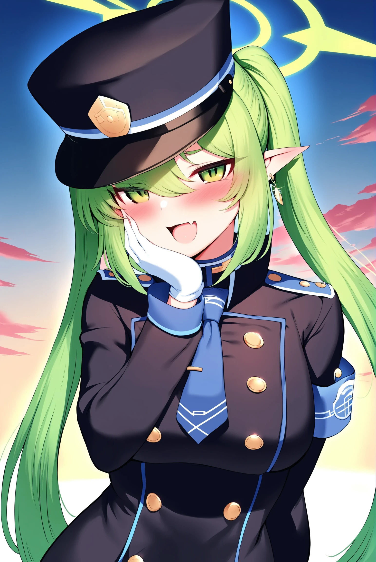 1girl, 
 blue archive, 
m-da s-tarou, daeyu k, 
nozomi \(blue archive\), armband, black hat, black jacket, blue armband, blush, buttons, earrings, fang, gloves, green halo, green hair, hand on own face, hand up, hat, jacket, jewelry, looking at viewer, open mouth, peaked cap, raised eyebrows, shoulder strap, sidelocks, skin fang, solo, twintails, upper body, white gloves, cloudy sky, breast pocket, smile, large breasts, cloud, breasts, double-breasted, hair between eyes, long hair, halo, necktie, pointy ears, sky, long sleeves, blue necktie, green eyes, blue sky, 
newest, masterpiece, best quality, absurdres, highres