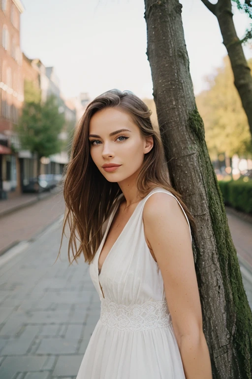 leaning against a tree, looking thoughtful a breathtaking high quality cinematic still of a beautiful blonde woman, <lora:VeronikaAndris_V1:1>, highly detailed face, black eyeline, perfect styled hair, long honey blonde hair, 8K, masterpiece, 50mm portrait lens, vignette:1.3, wearing a summer dress, summer evening, cinematic lighting, warm golden hour, lighting, upper body shot, eye level, dutch angle, shot on Leica M3, EKtar 100 film, in style of Martin Schoeller
