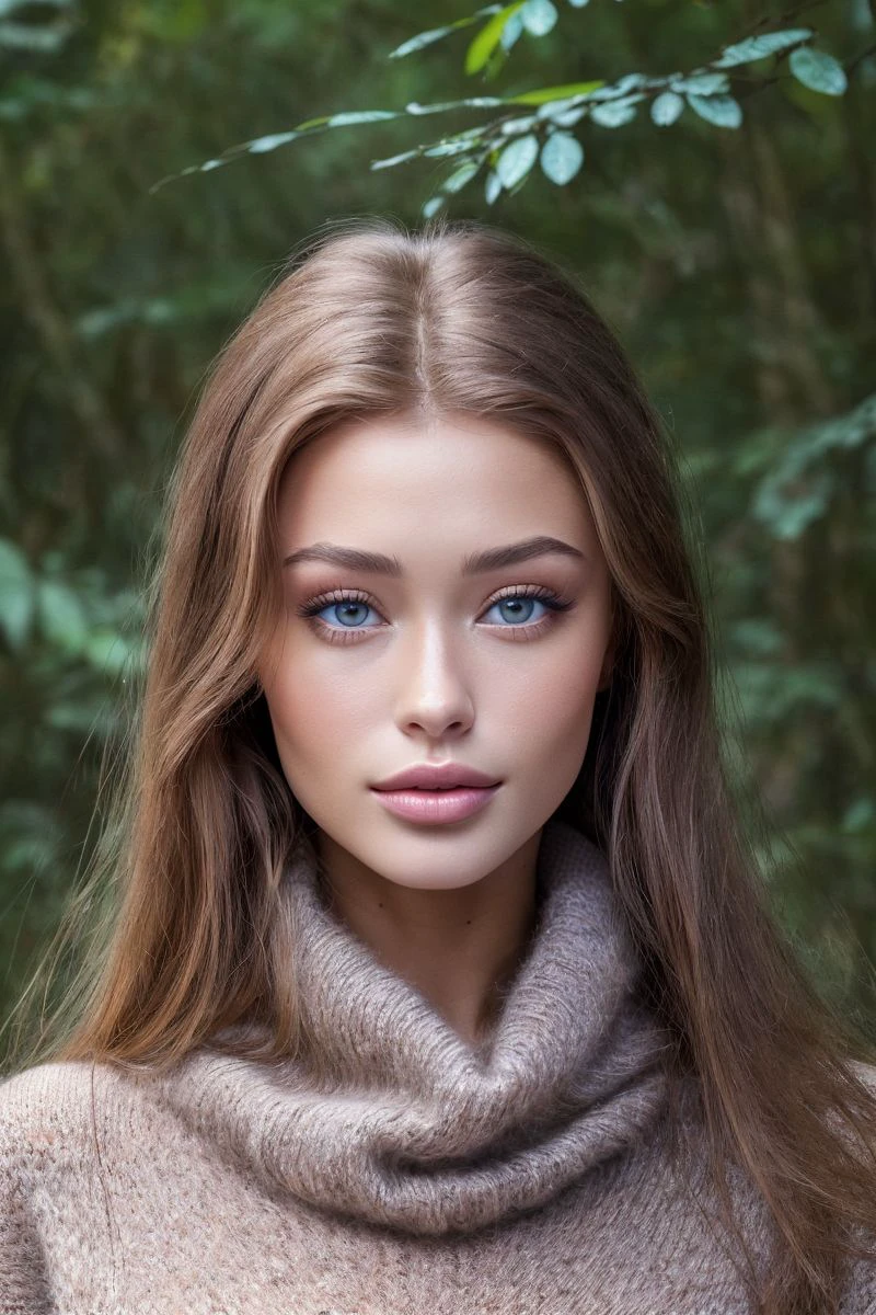 portrait of S407_OksiRoxi,a gorgeous woman,in a (forest:1.1),wearing a (cowlneck-sweater:1.1),(4k, RAW photo, best quality, 50mm, depth of field, ultra high res:1.1),(intricate, photorealistic, cinematic-shot, masterpiece, ultra-detailed:1.1),