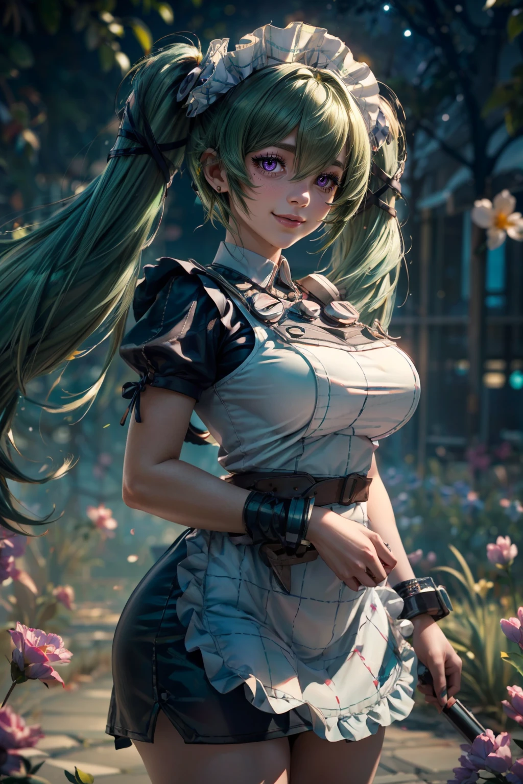 (ultra realistic,32k, masterpiece:1.2),(high detailed skin:1.1),( high quality:1.1),  <lora:corin_wickes:0.7>,  curvy, medium breasts, wide hips,   1girl, green hair, purple eyes, hair between eyes, twintails,   maid headdress, puffy short sleeves, black dress, white apron,  solo, looking at viewer, cowboy shot,  solo, smile, looking at viewer,   blooming stars, luminescent petals, otherworldly fragrance blurry background, (looking at viewer, standing:1.1), huge breast, large breast, <lora:add_detail:0.92>, (glowwave:1.1),