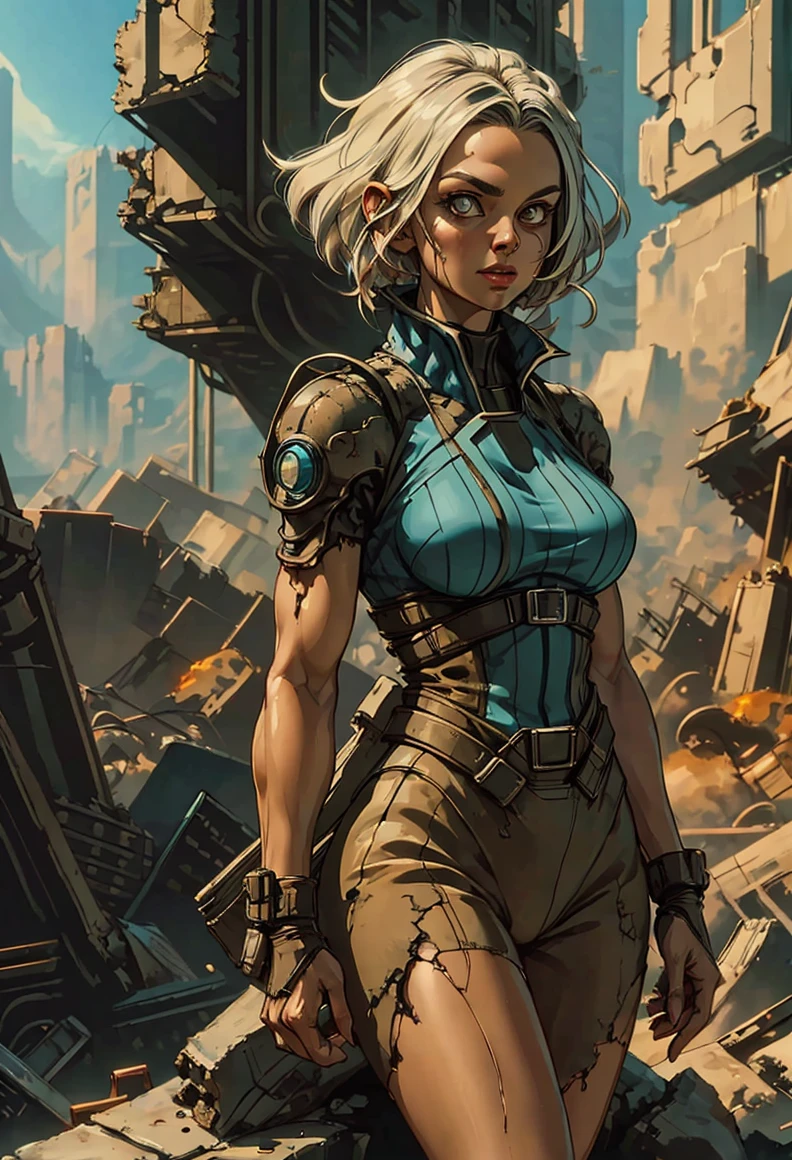 a woman in a sci - fi fi outfit standing in a destroyed city, concept art, retrofuturism <lora:ghibli:.9>