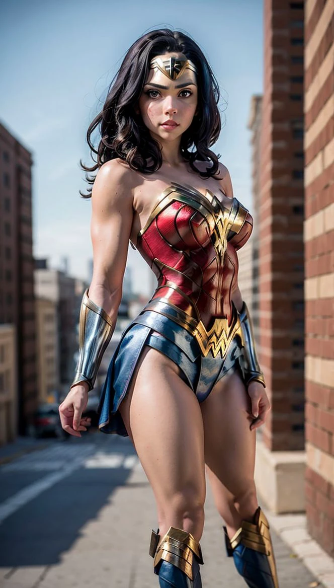 best quality,1girl,solo,wonder woman, medium breasts,looking at viewer,upper body,black hair,brown eyes,cityscape,blurry background, cinematic lighting,high quality shadow, Canon EF 24-70mm f/2.8L II USM,Sony Alpha a/R IV,  <lora:DX_wonder_woman_epoch_3:1>