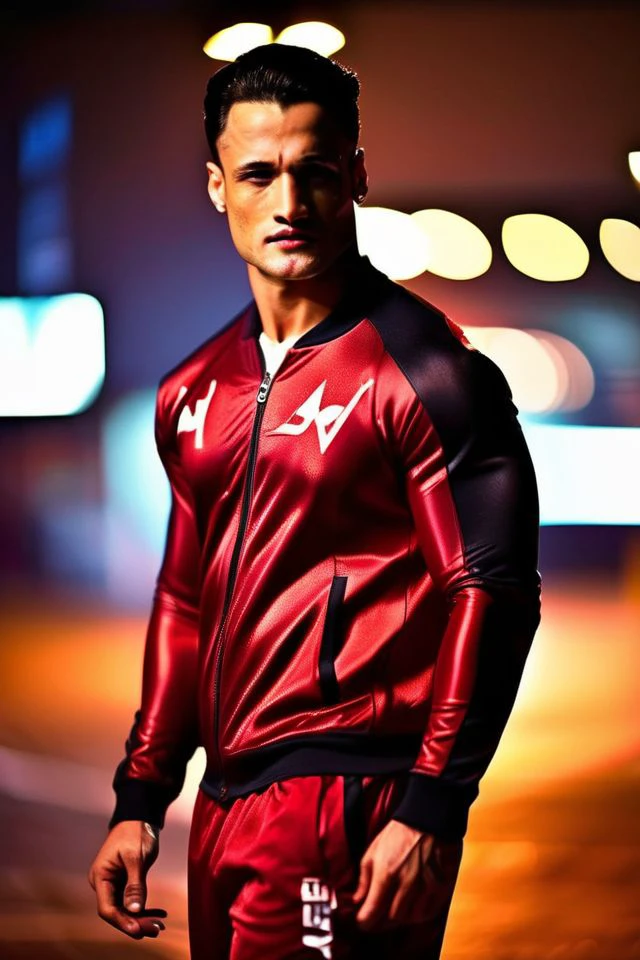 Charles Melton a man <lora:asim-riaz-Charles-Melton:1>, realistic photo in a worn ((red tracksuit),((light bokeh)), intricate, (steel metal [rust]), elegant, sharp focus, photo by greg rutkowski, soft lighting, vibrant colors, (masterpiece), ((streets)), (detailed face), looking at viewer, light smile, night, walking towards viewer, cinematic lighting, beautiful lighting, cinematic lighting, (hazy filter, film grain:1.2)