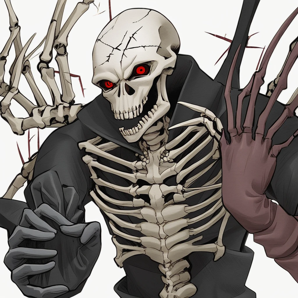 looking at viewer, red eyes, skeletal ribcage surrounding, hand seal, laughing, face cracks, gloves, holding one hand out, holding weapon, open mouth, serious
