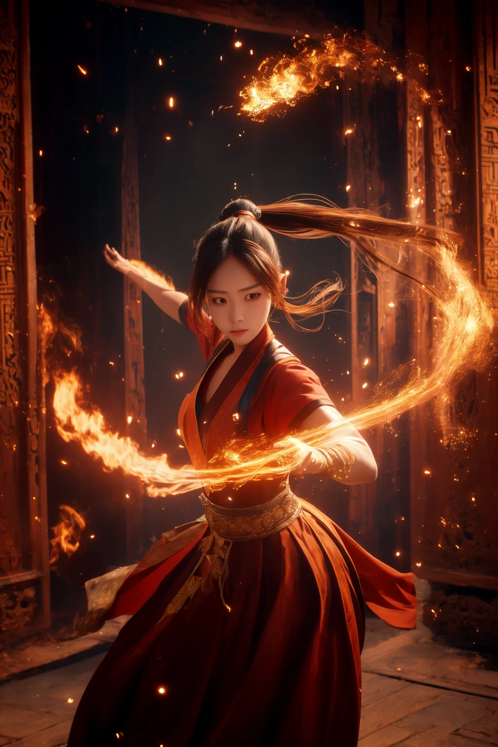 orang-aura,using orang-magic,orang-magic,ancient-costume,dancing,solo,1girl,fire,long hair,ponytail,<lora:magic_fighting_768:0.8>,