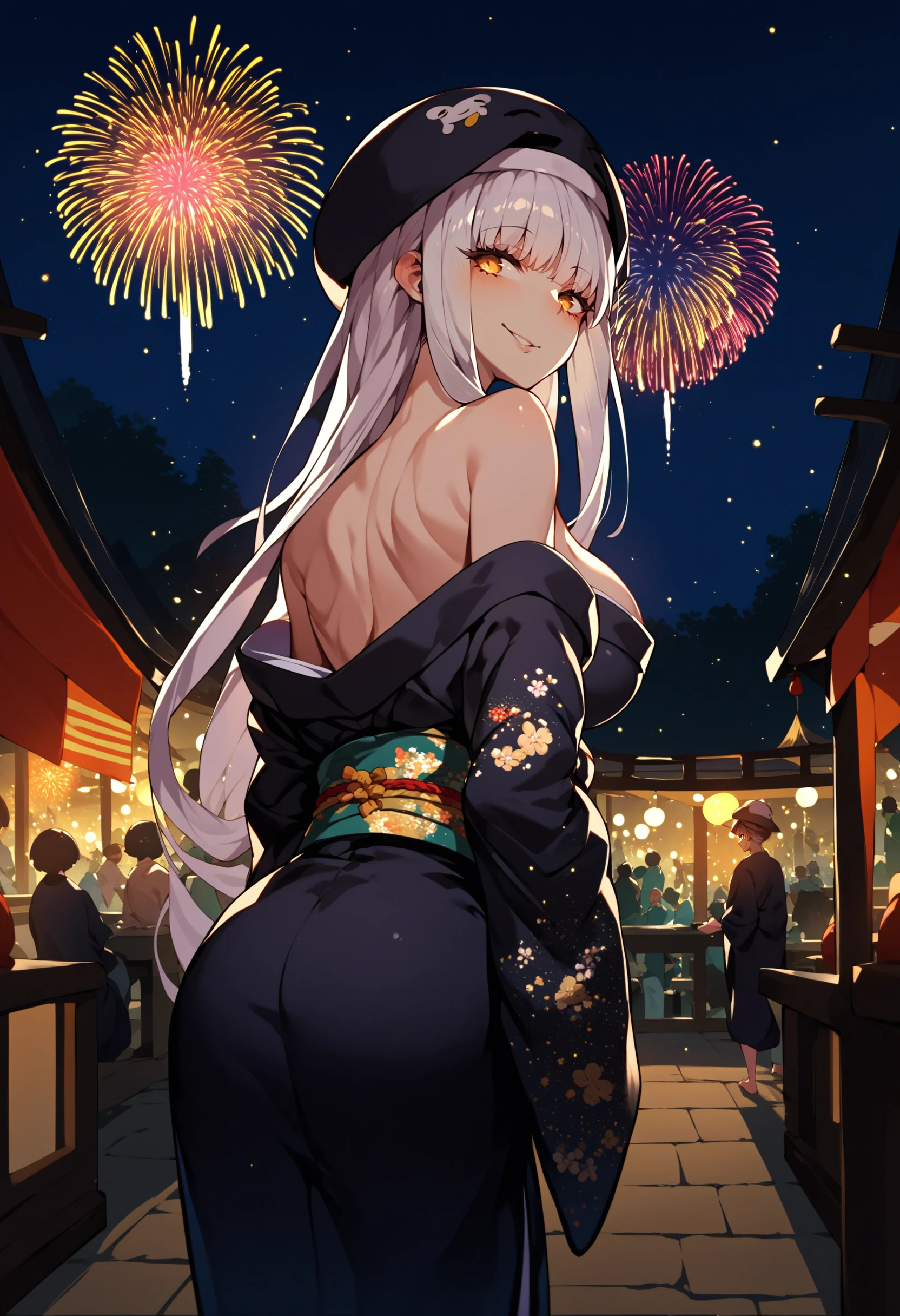 score_9, score_8_up, score_7_up, source_anime, 1girl, Ghast-chan, long hair, white hair, yellow eyes, large breasts, hat, <lora:Ghast_XLPD:1>, kimono, black kimono, from behind, seductive smile, looking back, cowboy shot, festival, fireworks, night, off shoulder, leaning forward