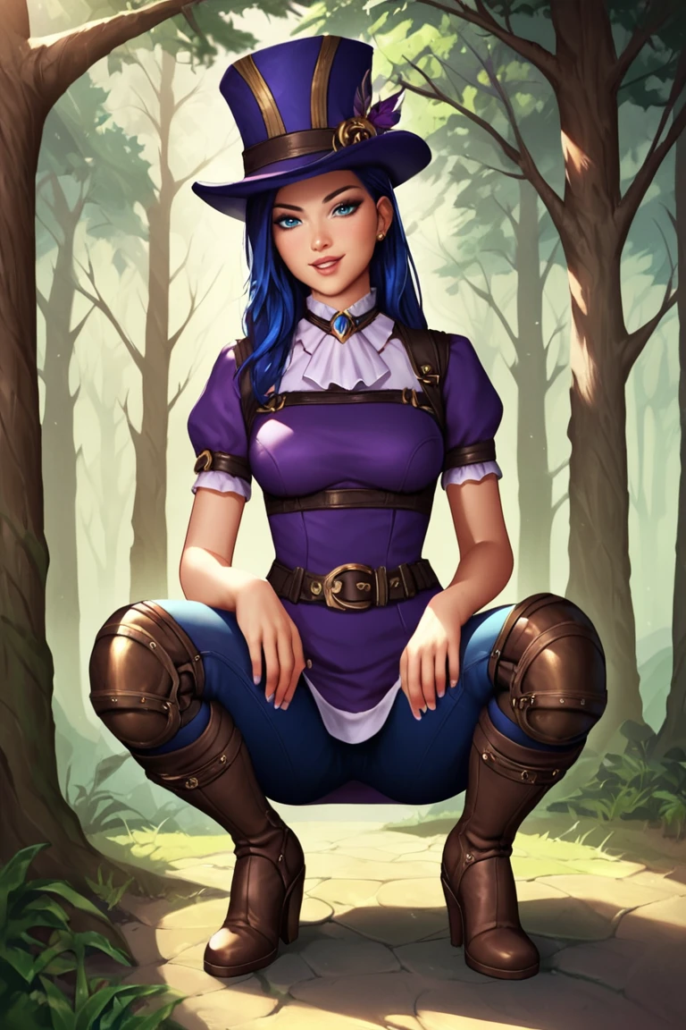 score_9, score_8_up, score_7_up, score_6_up, score_5_up, score_4_up, CaitlynLoLXL, blue eyes, blue hair, long hair, purple top hat, hat ornament, medium breasts, purple dress, skirt, (brown medium sleeve:1.3), brown glove, harness, (blue pants:1.1), belt, knee pad, high boots, squatting, seductive smile, looking at viewer, forest, tree <lora:CaitlynLoLXL:0.7>