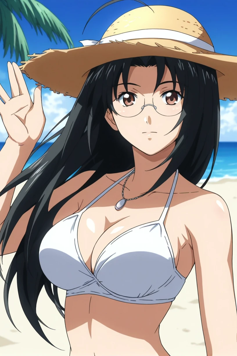 white lingerie, standing, (beach background), (gloomy weather), Litchi Faye-Ling, mature woman, anime cels style, best quality, high resolution, 1girl, (huge breasts:1.2), beautiful face, Beautiful Finger, Beautiful long legs, Beautiful body, Beautiful Nose,Beautiful character design, semi-rimless eyewear, black hair, very long hair, Bangs, purple eyes, (cowboy shot), smiling, looking at viewer